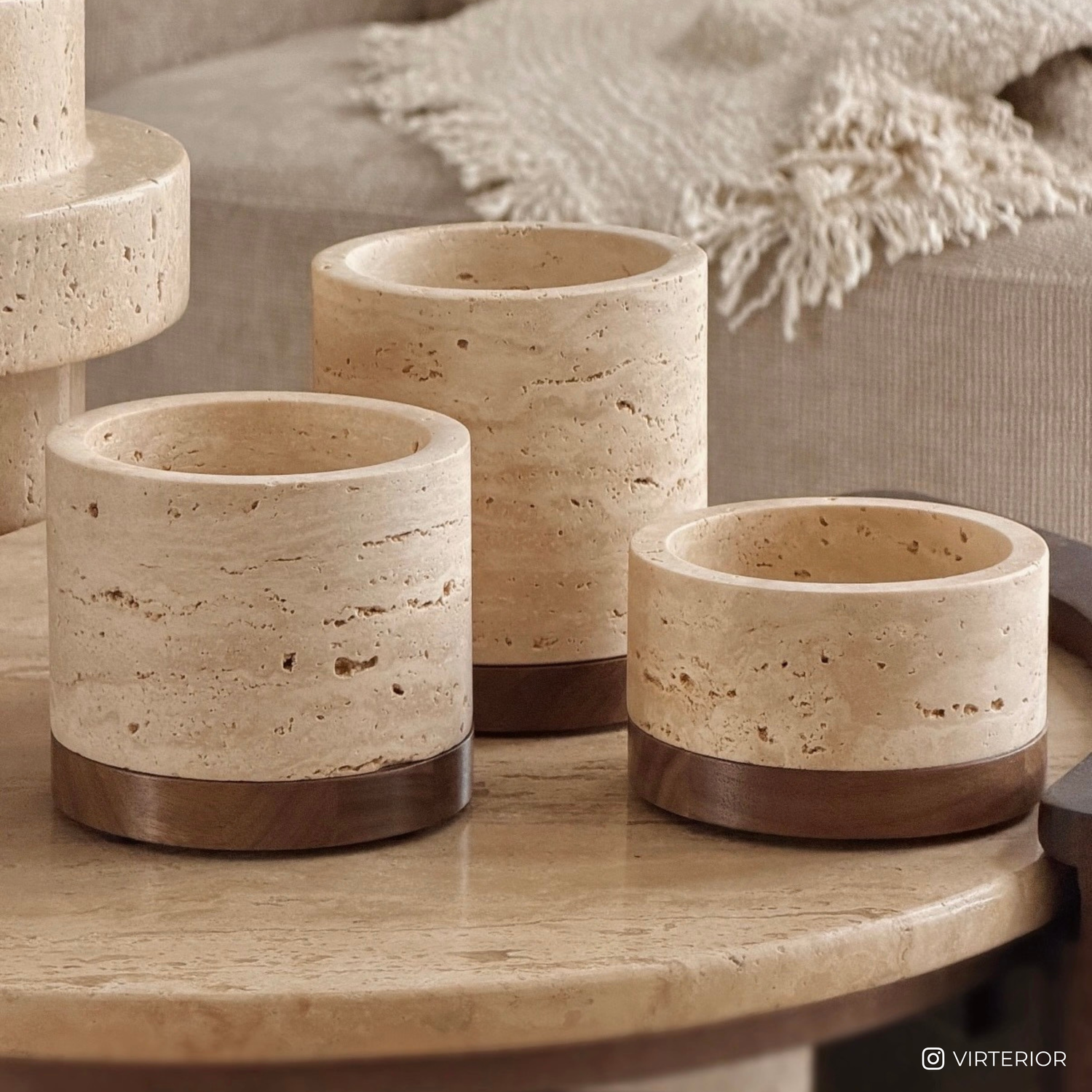 Travertine candle holder L Ø9.5x9cm incl. wooden plate