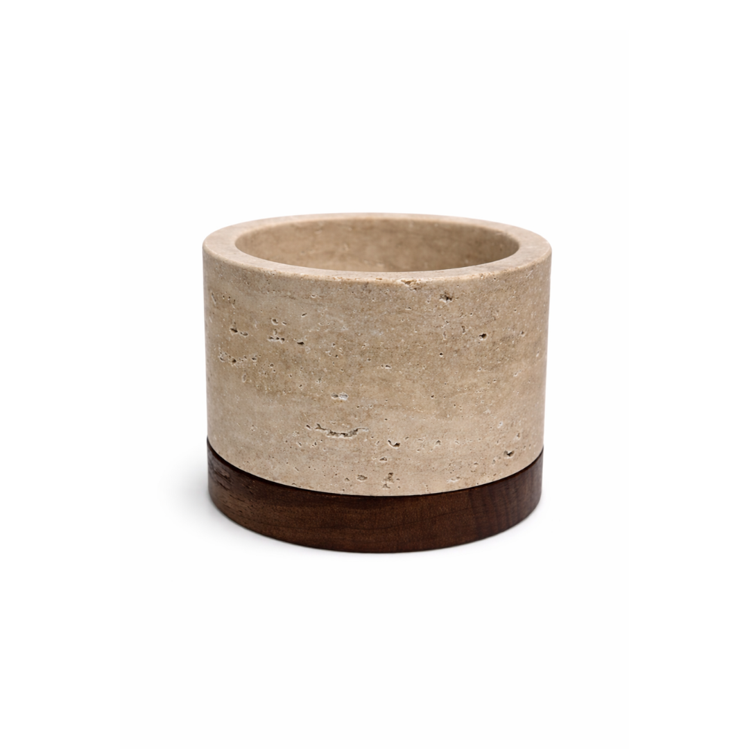 Travertine candle holder M Ø9.5x6.5cm including wooden plate