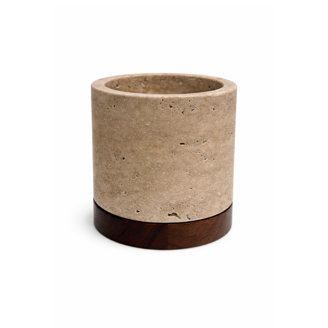 Travertine candle holder L Ø9.5x9cm incl. wooden plate